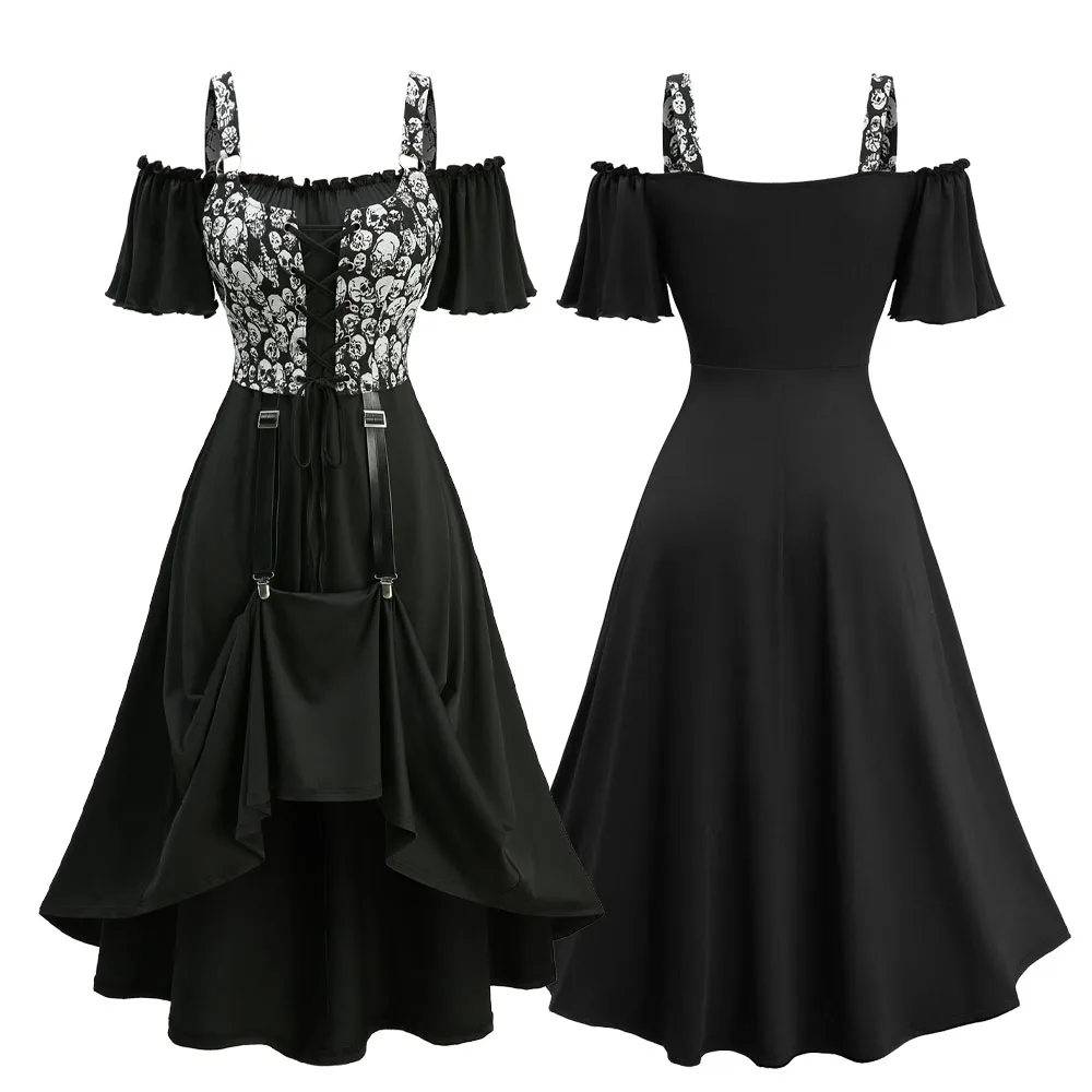 

ROSEGAL Plus Size High Low Dress Skulls Print Grommets Lace up Ruffles Cold Shoulder Short Sleeve Women's Fashion Dresses New