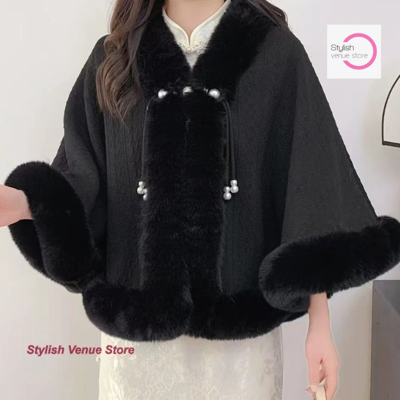 

French black velvet padded fairy gentle cloak shawl cheongsam warm fur collar coat in autumn and winter literary temperament