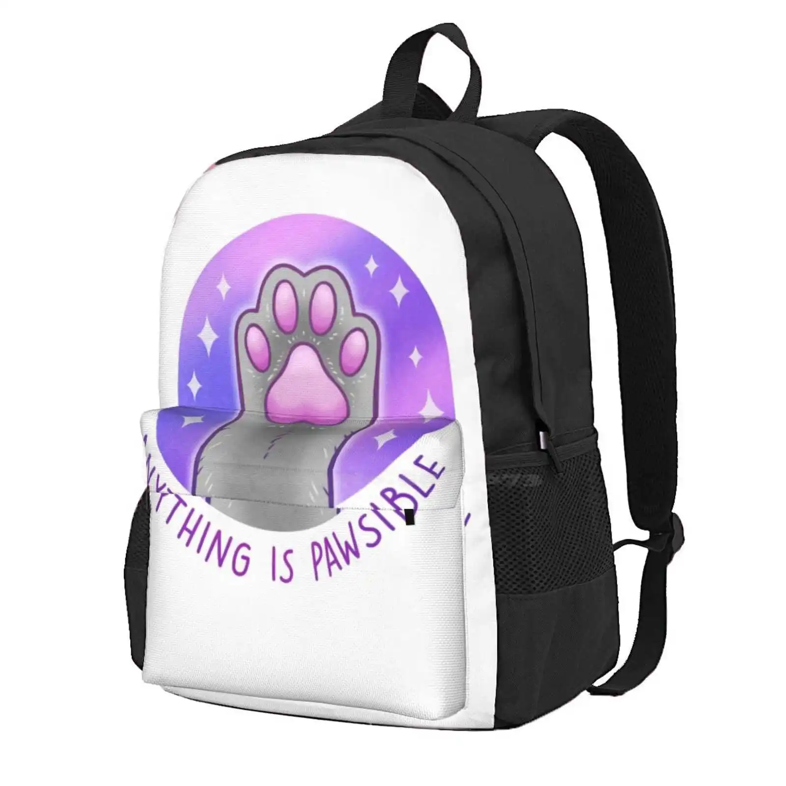 Anything Is Pawsible Hot Sale Schoolbag Backpack Fashion Bags Pawsible Possible Positive Quote Kitten Kitty Beans Stars Purple