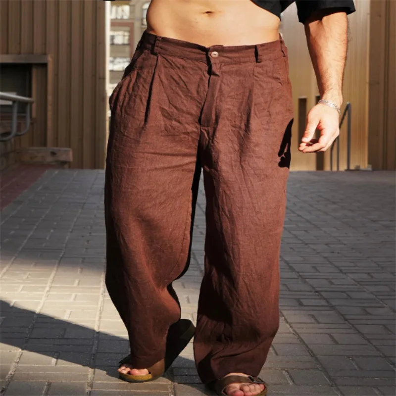 

Men's Spring and Summer Linen Pleated Wide-leg Pants Mid-rise Breathable Joggers