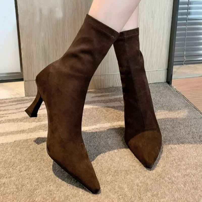 

High Heels Women Pointed Toe Short Boots Fashion Suede Shoes 2025 Designer Elegant Chelsea Ankle Boots Dress Pumps Zapatillas