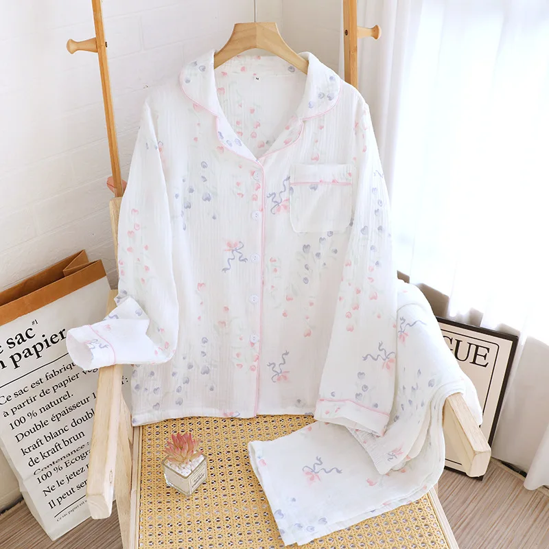 

Cotton Double Layered Crepe Women's Spring and Autumn Long Sleeved Long Pants Home Clothes Two-piece Set Pajamas Suit