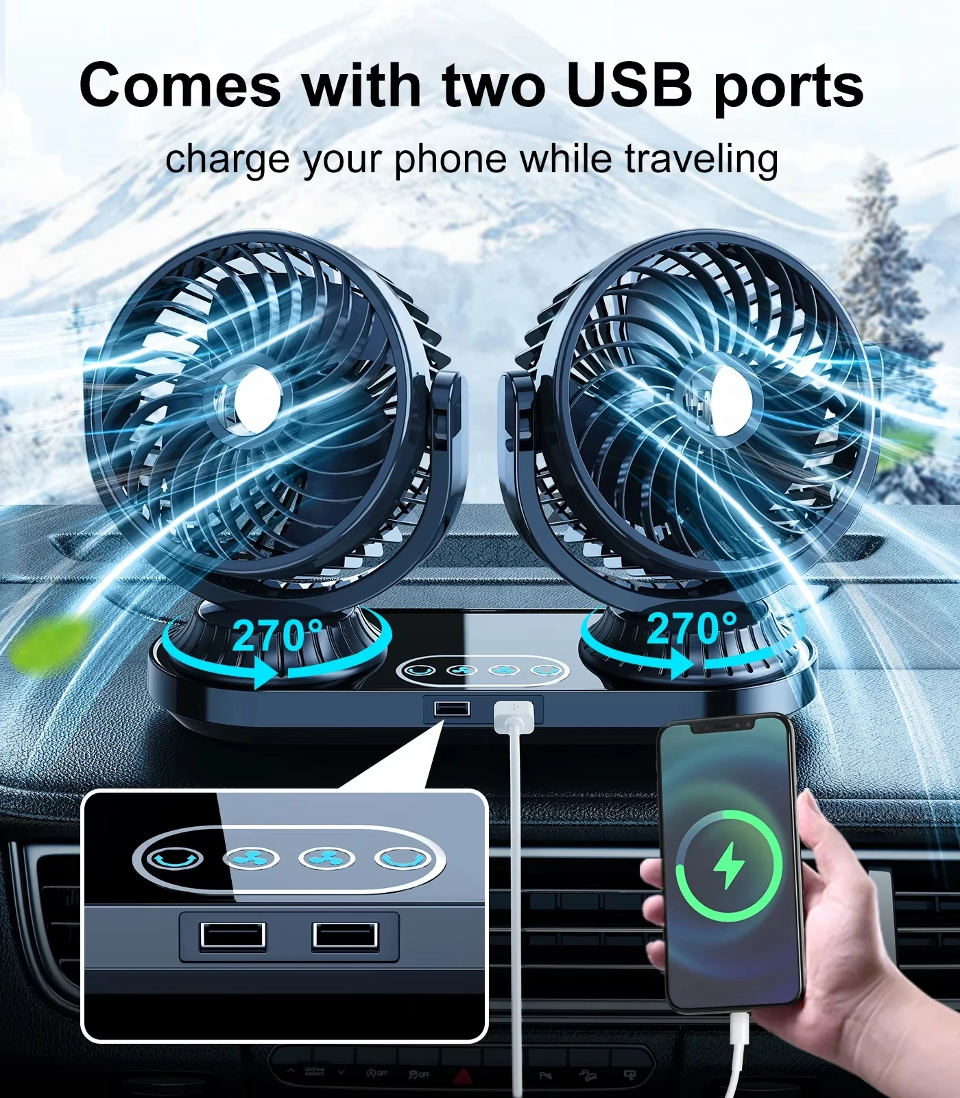 Universal 12V 24V Dual Head Car Fan Electric Oscillating Auto Cooling Fan 3 Speed Touch Control Dual USB Port for All Vehicles
