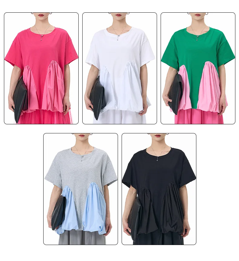"تي شيرت صيفي كبير الحجم بجيب 2025 - بلوزة نسائية فضفاضة مقاس كبير"