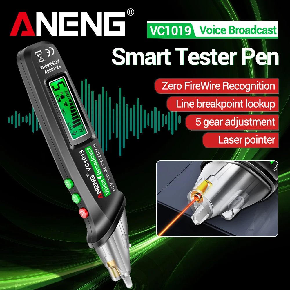 Tester Pen Non-Contact Voice Broadcast Detector Meter ANENG VC1019 Circuit Breaker Finder 12-1000V NCV Voltage Probing Tester