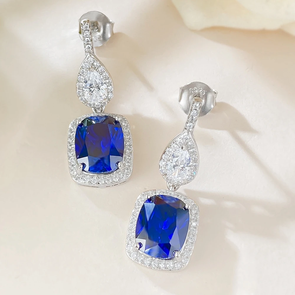 Vinregem 8*10 MM Sapphire High Carbon Diamond Gemstone Drop Dangle Earrings 100% 925 Sterling Silver Fine Jewelry Wedding Gifts