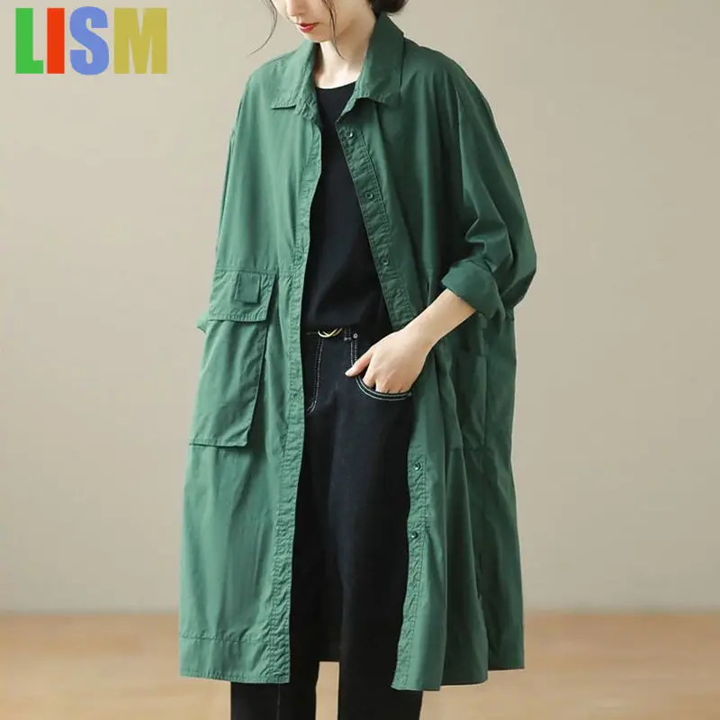 

LISM Cotton Trench Coat for Women Mid-length Loose Elegant Temperament Work Jacket Button Pocket Splicing Cardigan outerwears