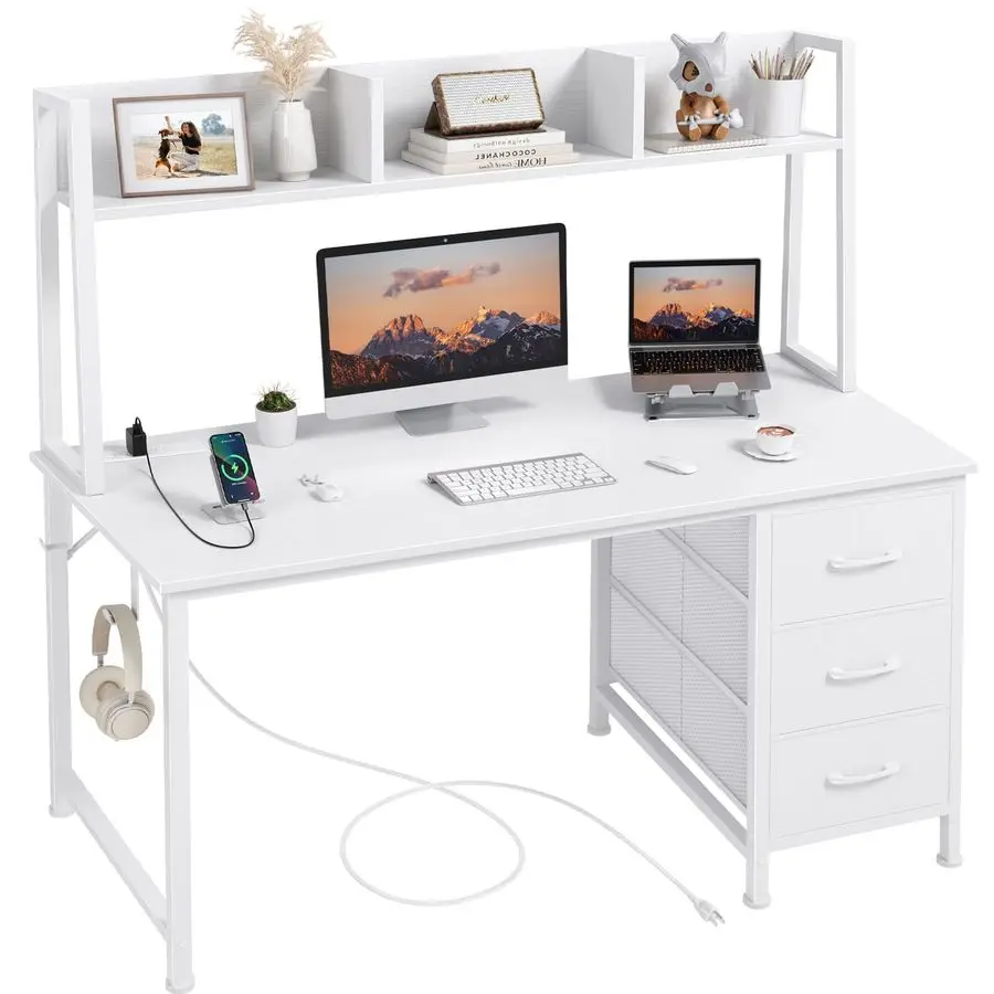 

Computer Desk with Hutch amp Drawers Office Desk with 3 Storage Drawers and Power Outlets, 47 Inch Modern Study Writing Desk fo