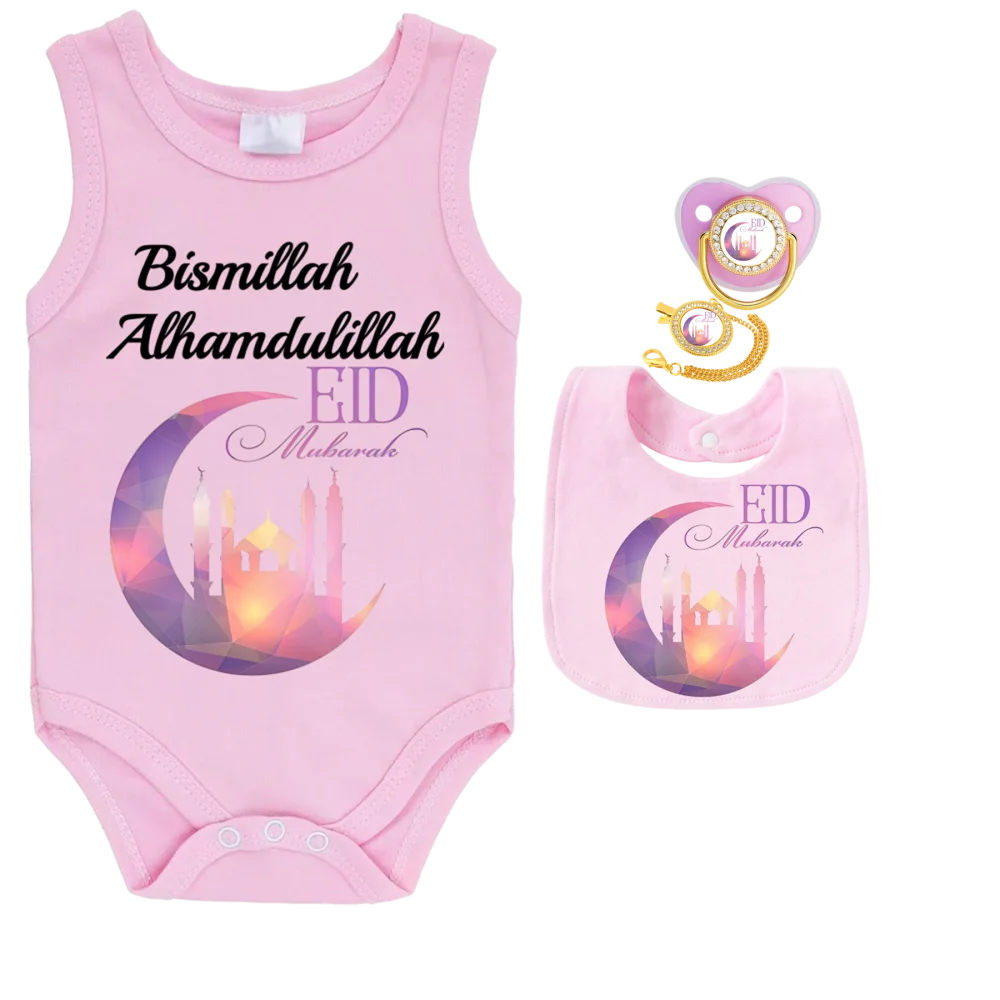 Popular Kawaii Muslim Printed Infant Pacifier Premium Cotton Baby Romper Outfit Quick Dry Drool Bib Versatile Baby Clothes Set