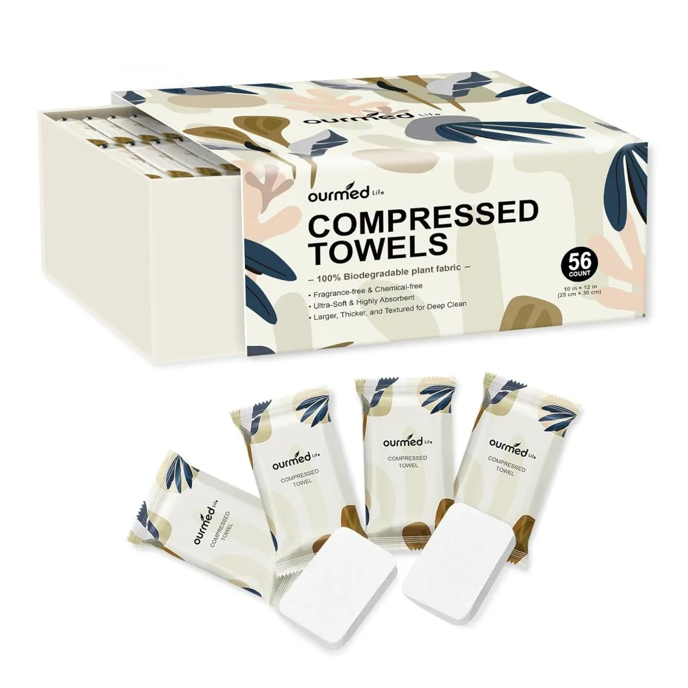 

56 Compressed Towel Tablets Travel Size Disposable Face Towels Expand with Water Soft Lint Free
