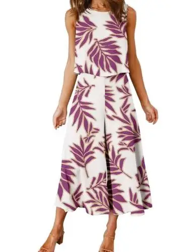 

Woman O-Neck Sleeveless Vest Exposed Navel Top High Waist Wide Leg Pants Set for Women's 2-Piece Set Elegant Two Piece Set