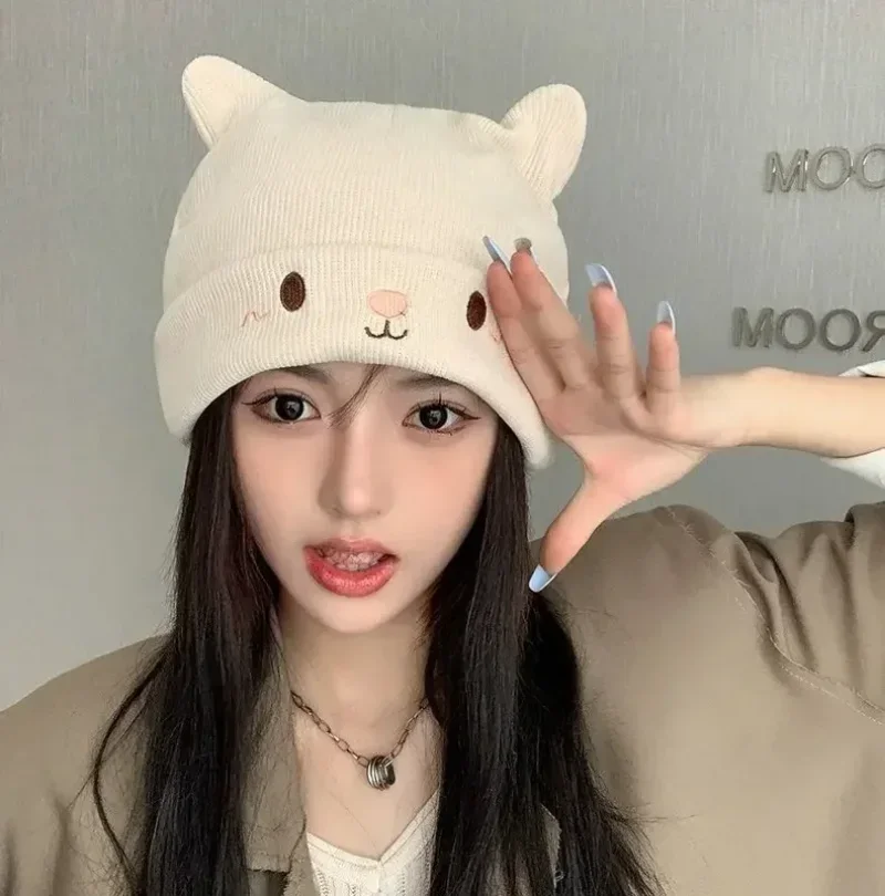 Solid Color Autumn Winter Wool Knit Hat Women Girls Warmer Ear Protection Beanie Hats Cartoon Cute Cat Ears Knitted Cap Bonnet