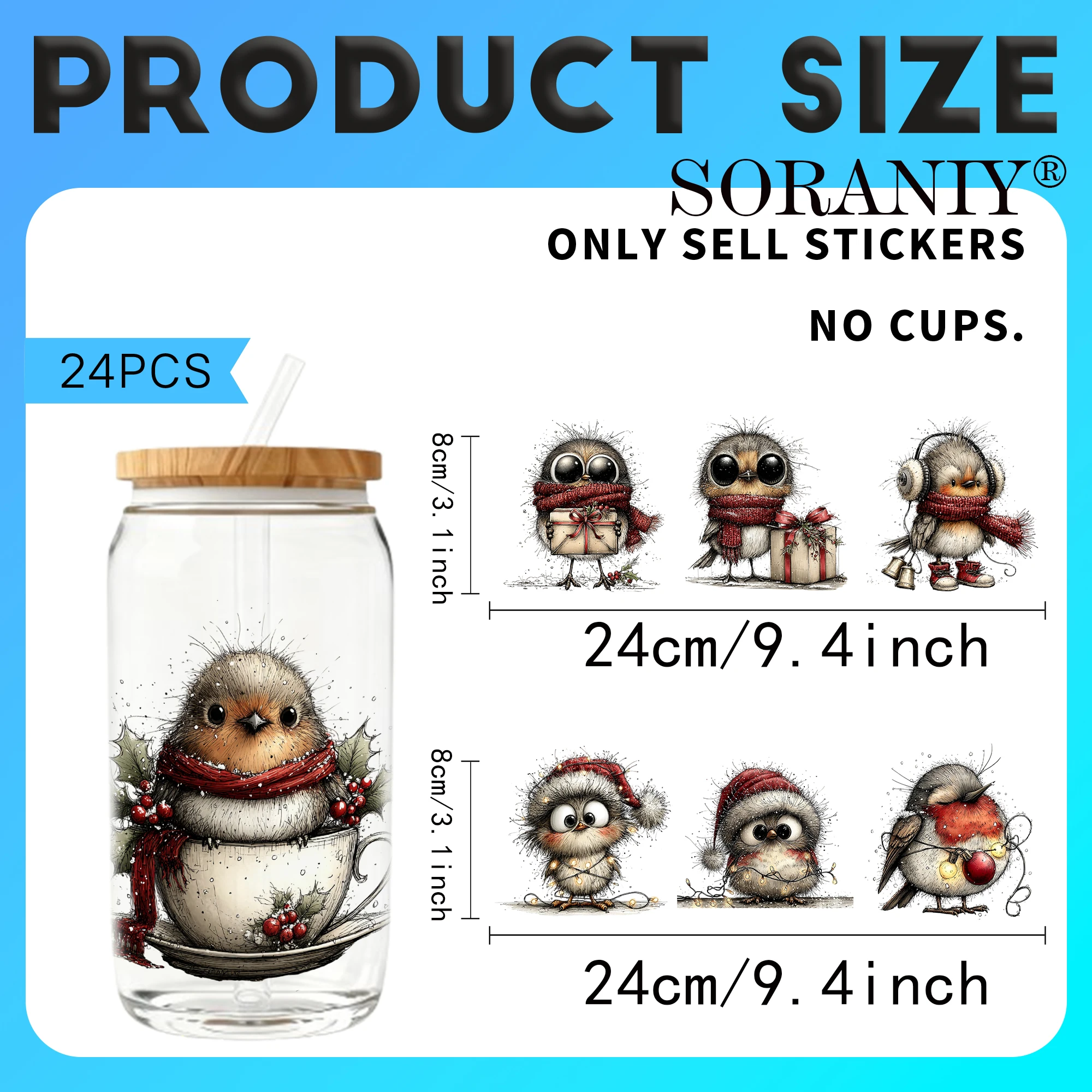 24PCS/Set Quirky Christmas Robin  Themed UV DTF 16OZ DIY Transfer Paper Set Golden Text Used For 16oz Water Bottles Glass