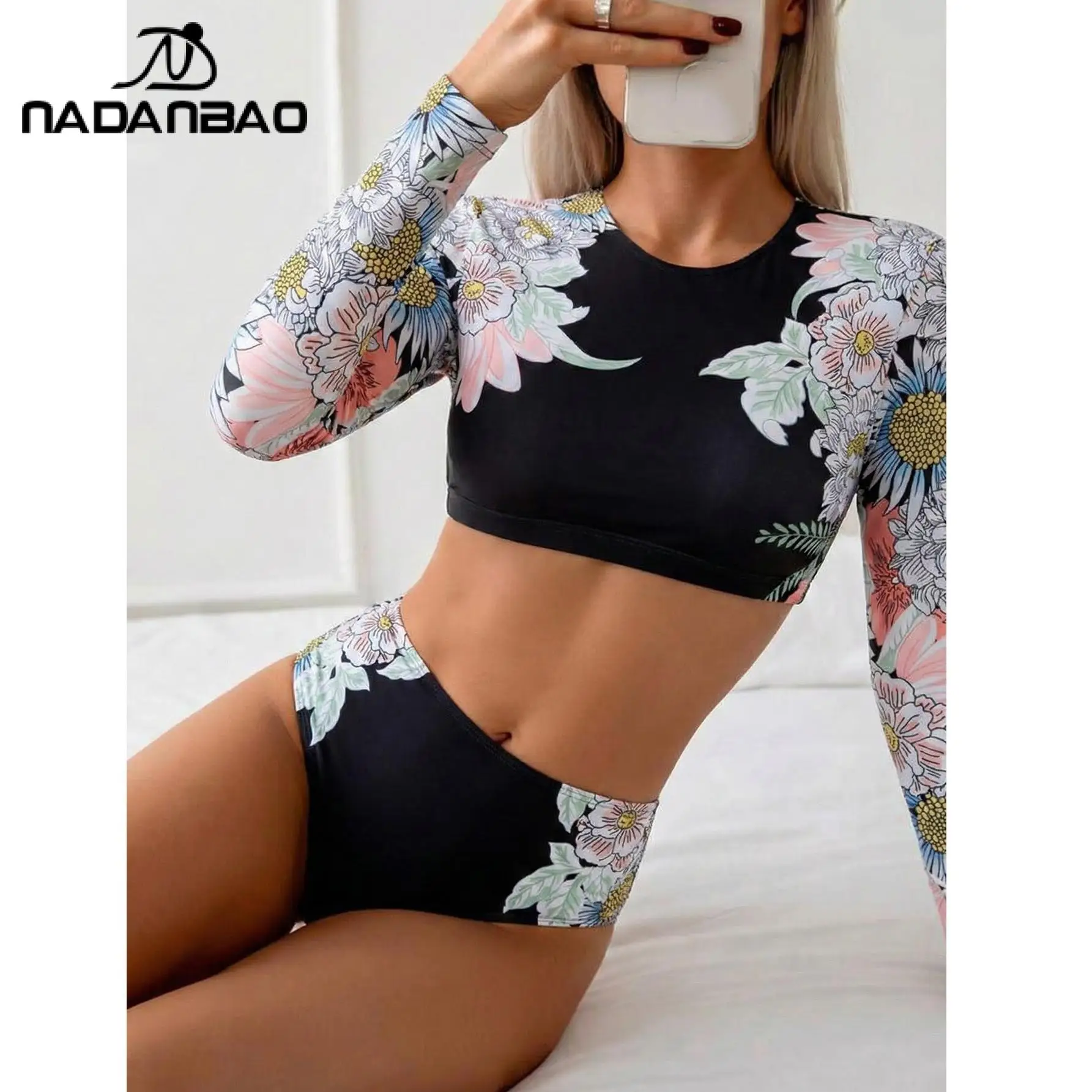 

Nadanbao весенний женский купальник с цветочным принтом, модное бикини с длинными рукавами, повседневный пляжный купальный костюм для серфинга, черный женский купальник