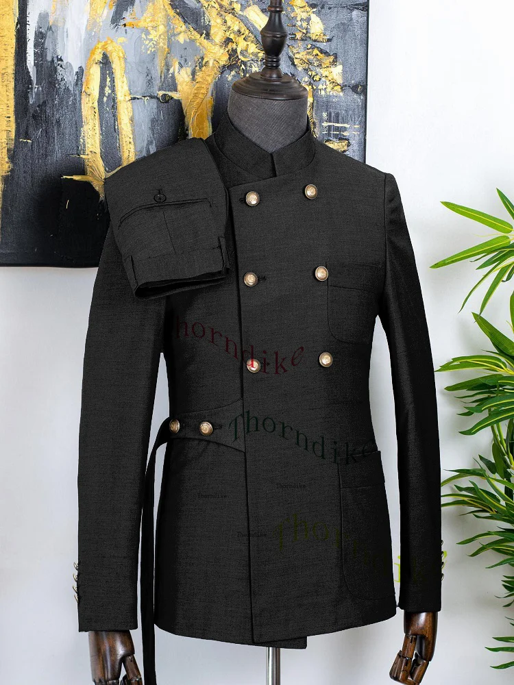 Thorndike 2024 Neuankömmling 2 Stück Herren Business Anzüge reguläre Passform Stand Revers Prom Smoking für die Hochzeit (Blazer Hosen) – Detail 15