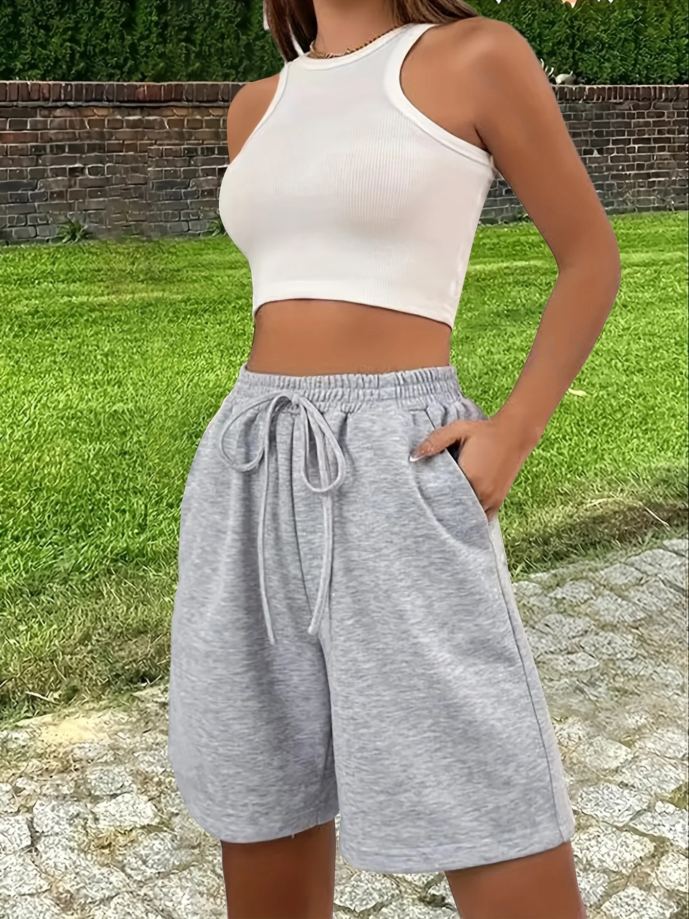 

Gray Casual Loose-Fit 5-Pocket Elastic Waistband Shorts Lightweight Summer Breathable Fabric