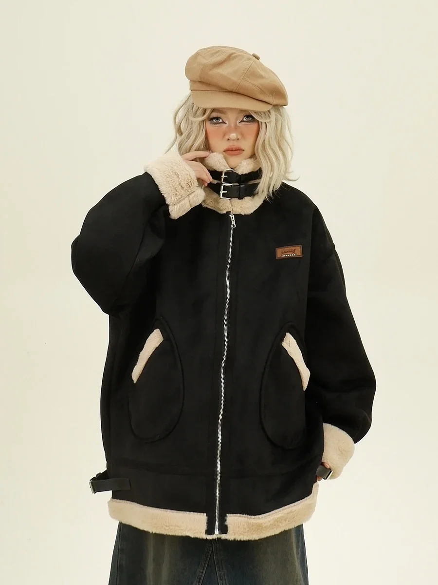 Suede Stand-up Collar Women Parkas 2024 Winter New Loose Bf American Trendy Locomotive Couple Coats