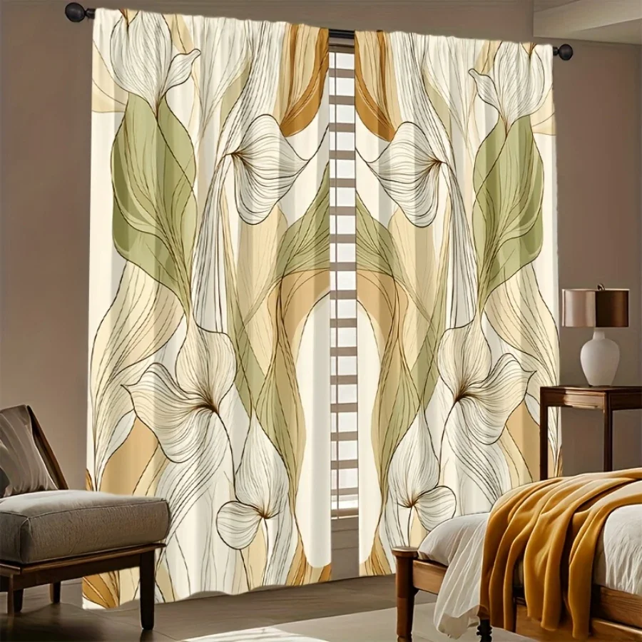 2PCS Digital Printed Curtains, Line Art Calla Lily Minimalist Floral, Window Treatments for Living Room Bedroom Home Decoration