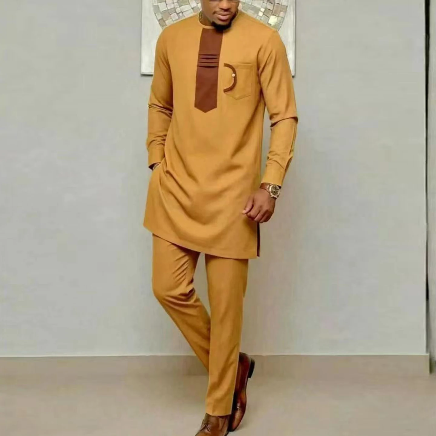 Kaftan African Ethnic Style Men's Suit Long Sleeve Striped Spliced ​​Shirt Pants 2 Piece Set Party Traditional Clothing Men Set