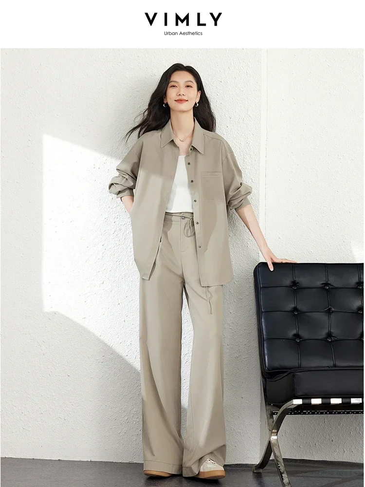 VIMLY Fashion Commuter 2PCS Women Work OL Pants Sets Autumn Long Sleeve Button Down Shirt+Wide Leg Trouser Simple Casual Suit