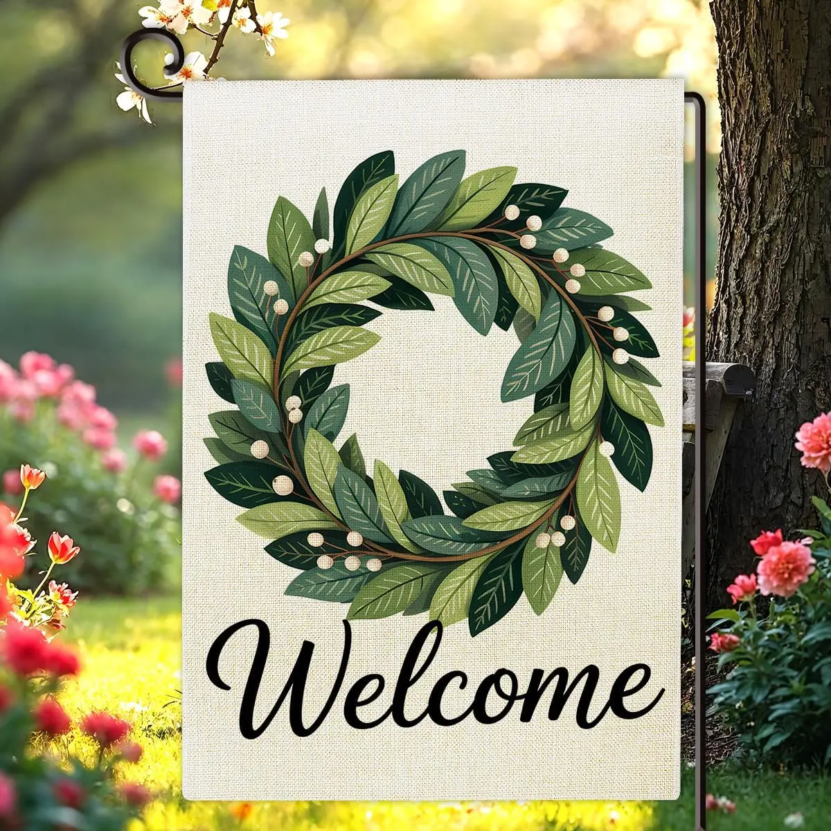 Welcome Spring Summer Garden Flag Double Sided Magnolia Leaves Wreath Burlap House Flag Outdoor Seasonal Decorations for Yar yyi