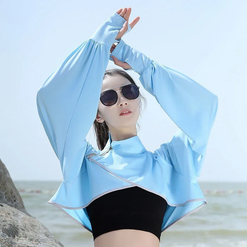 THRUM Women Ice Silk Sun Protection Shrug Stand Collar Arm Cover Cardigan Stylish Outdoor Sun Protection Coat for Petite Figure