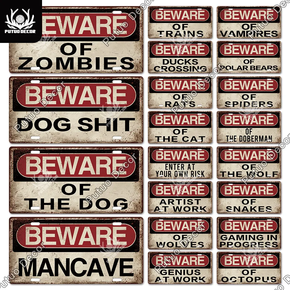 

Putuo Decor Beware Licenses Plate Meatl Sign Plaque Metal VintageTin Sign for Man Cave Living Room Door Club Home Wall Decor