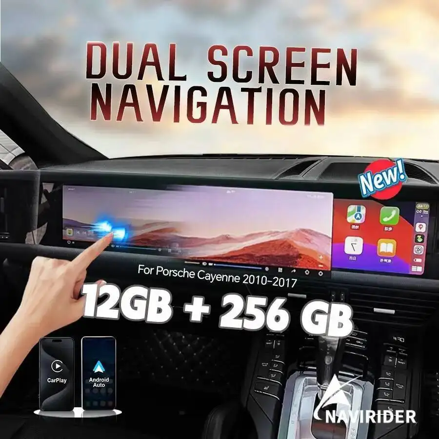 RHD 12.3 Inch Dual Screen Car Radio for Porsche Cayenne 2010-2017 Upgraded 2025 Interactive Media Video Player Android Carplay