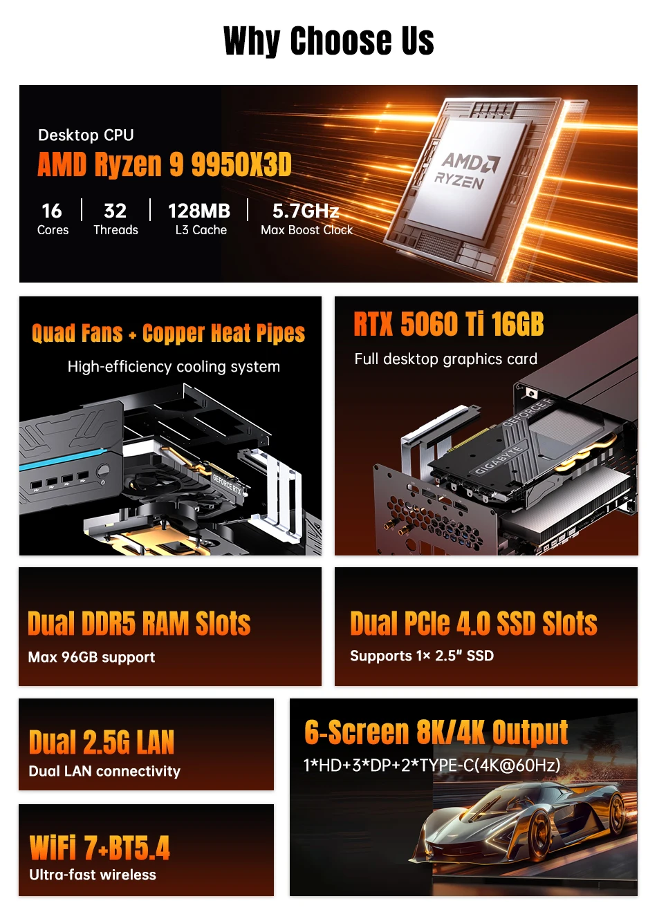 MSECORE Mini Gaming PC AMD R9 9950X3D RTX5060Ti 16GB DDR5 Dual M.2 NVMe SSD WiFi7 BT5.4 Dual 2.5G LAN 8K 6-Screen HDMI DP Type-C