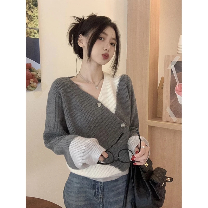 Fashion Sweater Women Patchwork Knitted Pullovers Korean V Neck Knitwears Streetwear Irregular Buttons Chic Loose Jumpers New