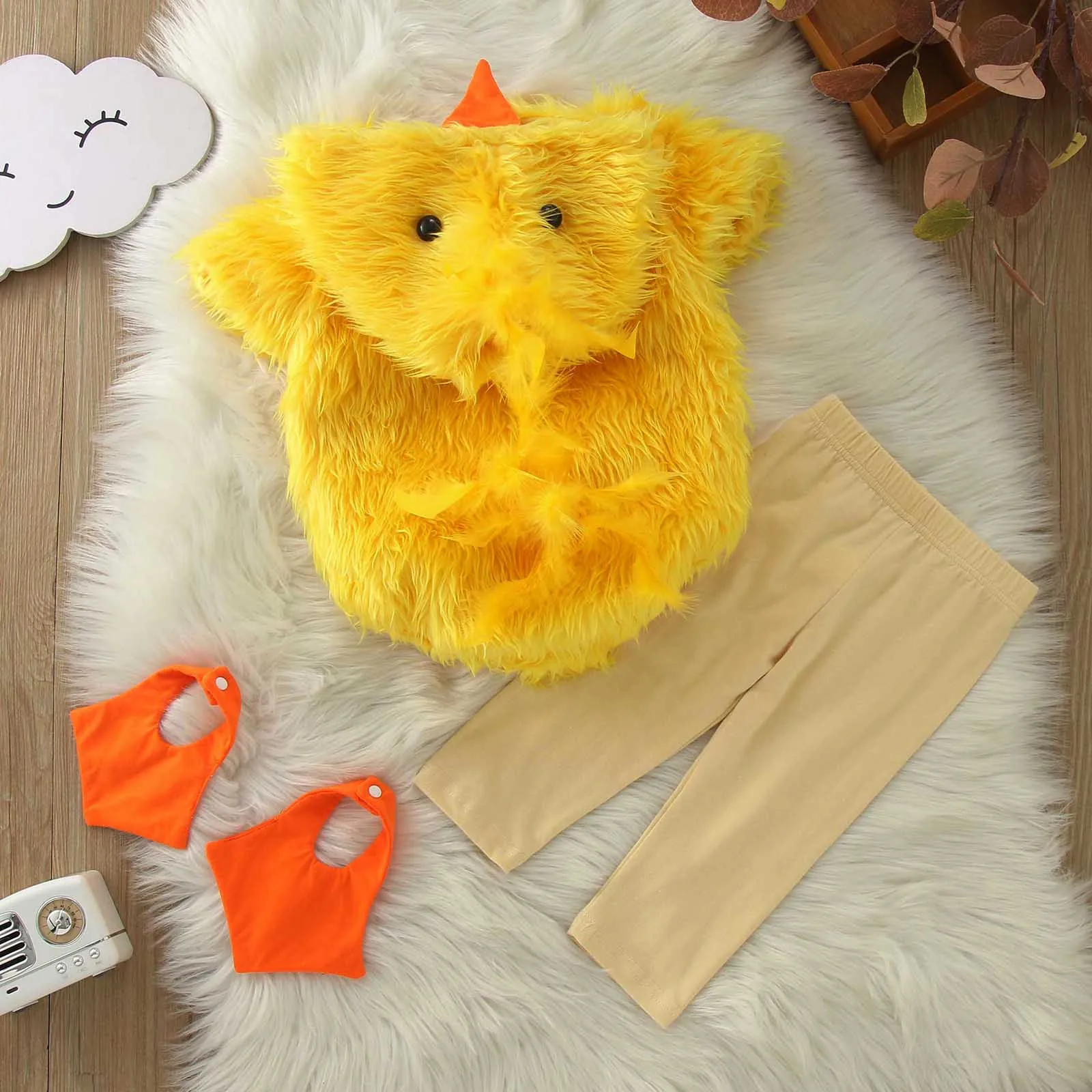 Trajes de Cosplay para niños y niñas, disfraz de Animal de pollo, mameluco de lana con capucha, Tops + Pantalones + manga de pie, bebé recién nacido