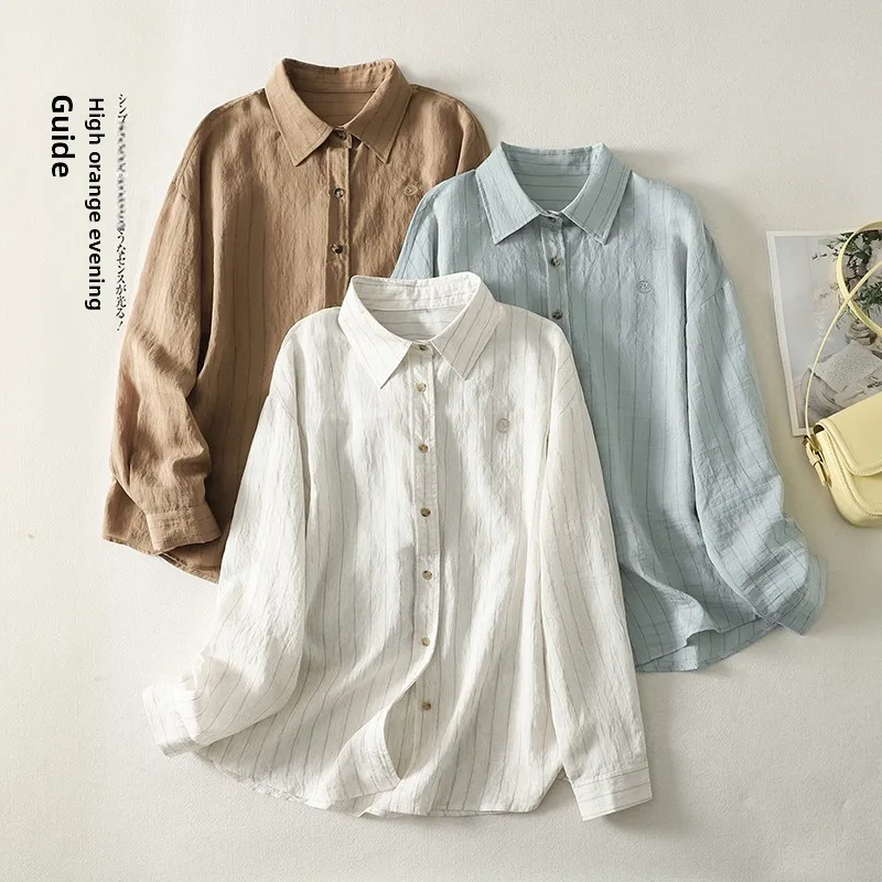 

Весенне-летний женский свободный кардиган из хлопка и льна с длинными рукавами, в полоску, для защиты от солнца, тонкий, универсальный, дышащий.