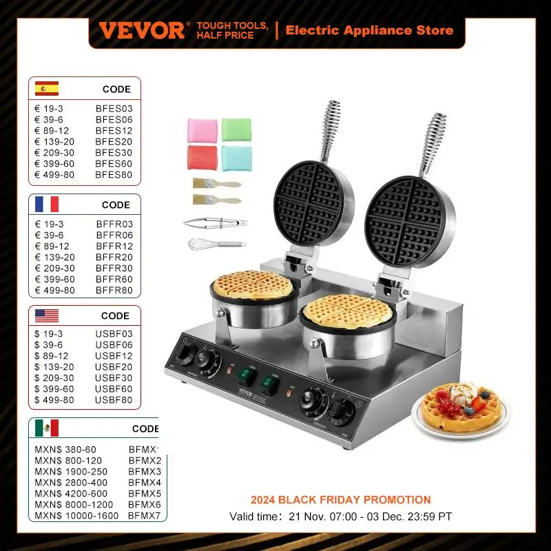 VEVOR Gaufrier Commercial 2460 W, Appareil à Gaufre Ronde à Double Tête, en Acier Inoxydable,