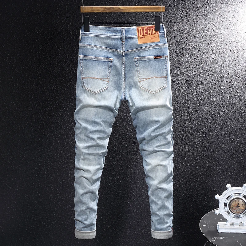 

Designer Fashion Men Jeans Retro Light Blue Stretch Slim Fit Ripped Jeans Men Y2K Trousers Vintage Casual Denim Pants Hombre