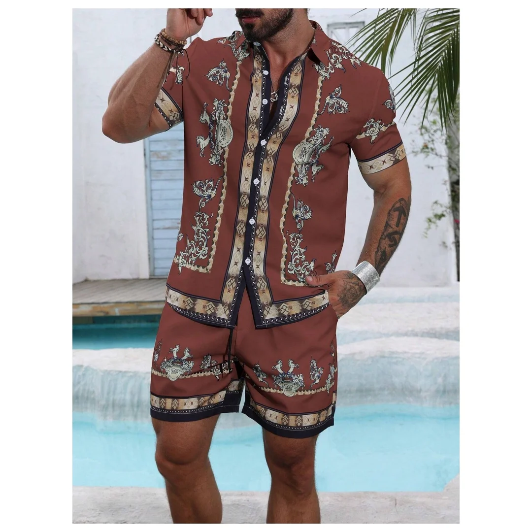 Set Kemeja Bergaris 2025 Kemeja Lengan Pendek Pria Kemeja Lengan Pendek Musim Panas Celana Pendek Pantai Set Jalan Kasual Pria Celana Pendek Kasual Y2K