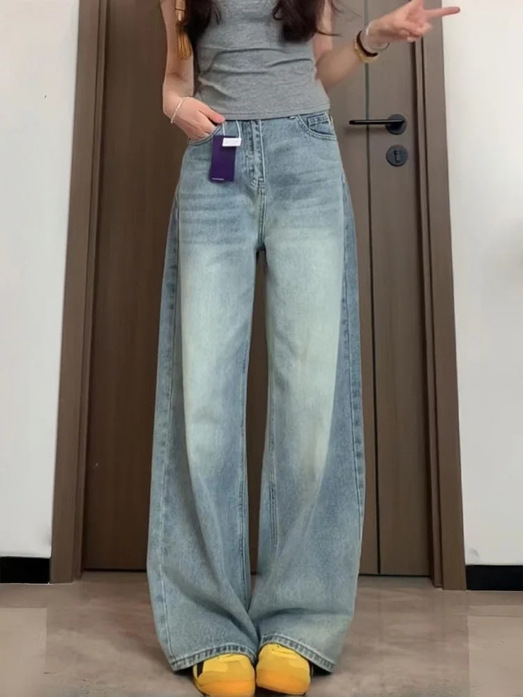 Damskie jeansy plus size w stylu retro, dżinsowe spodnie o prostym kroju, luźne, z szerokimi nogawkami, z wysokim stanem, codzienne, jesienne, nowość.