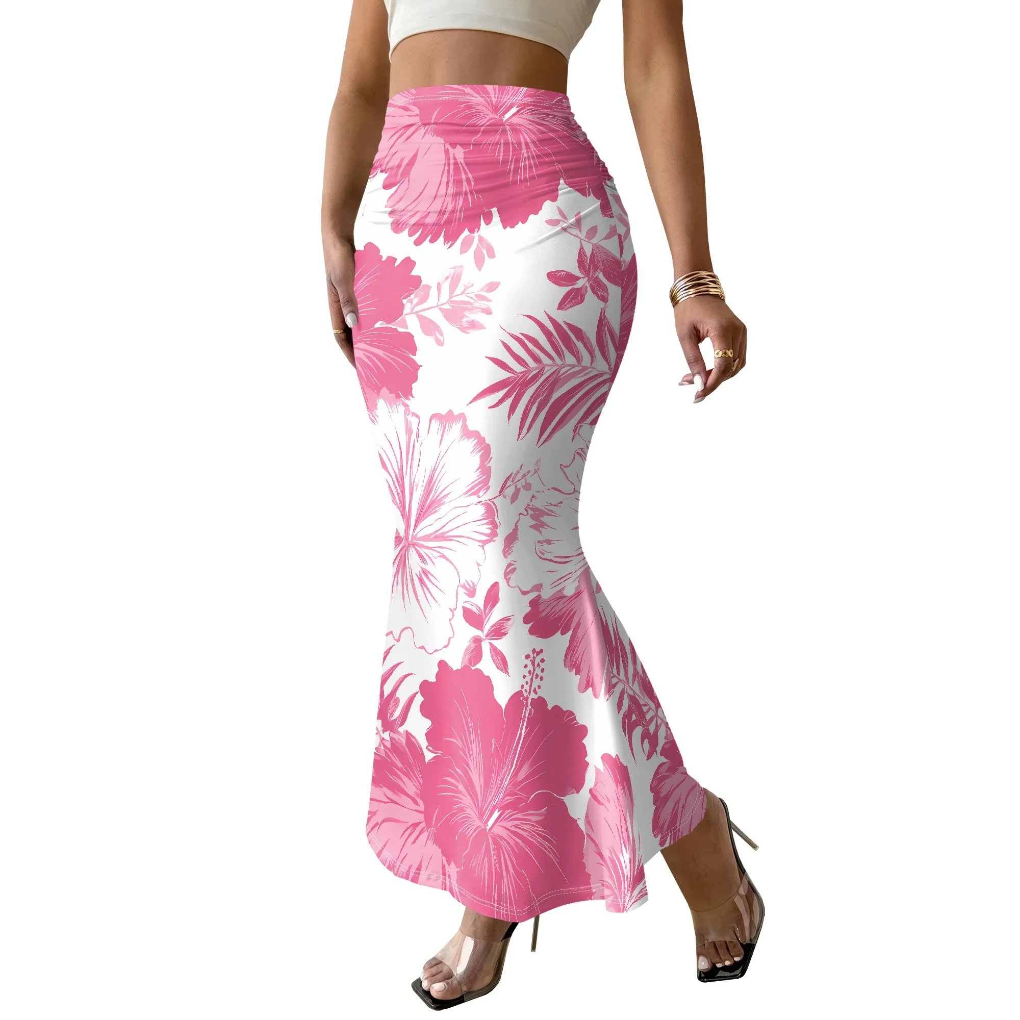 Pink Floral Print Mermaid Skirt, Tropical Hibiscus Pattern Long Dress, Summer Beach Wear, Vacation Outfit, S-2XL