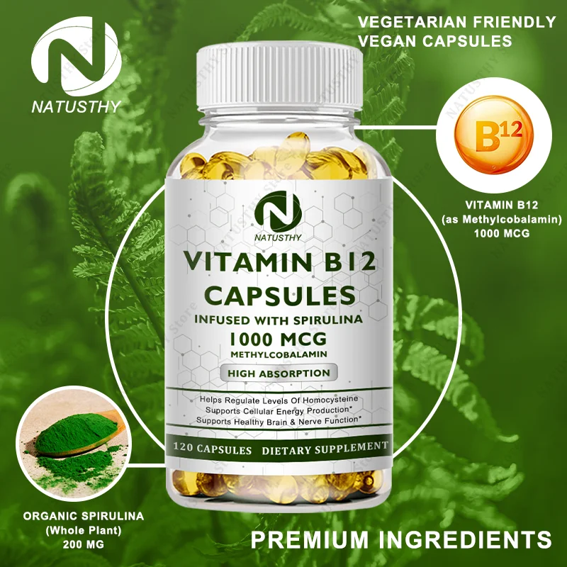 1000mcg Vitamin B12 Capsules With Organic Spirulina - Immune Nervous System - Support Mental Clarity - Energy Metabolism Support