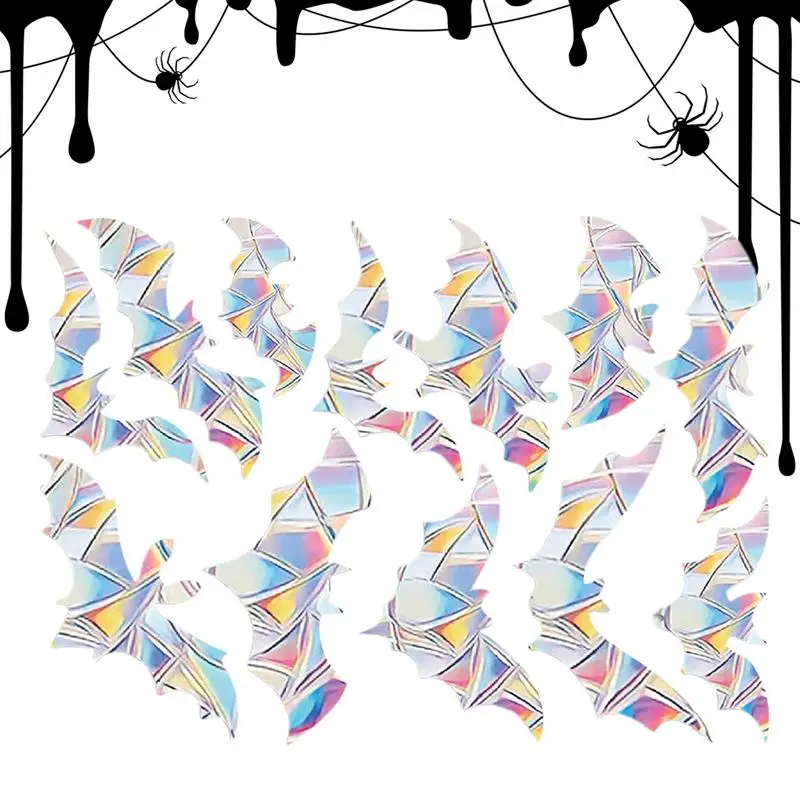 12pcs Halloween Bat Prismatic Window Sticker Halloween Bat Anti Collision Window Sticker Bats Window Decoration Accessories