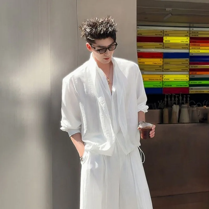 Men Fake Two Piece Long Sleeve Shirt Lightweight Drape Loose Casual Summer Top