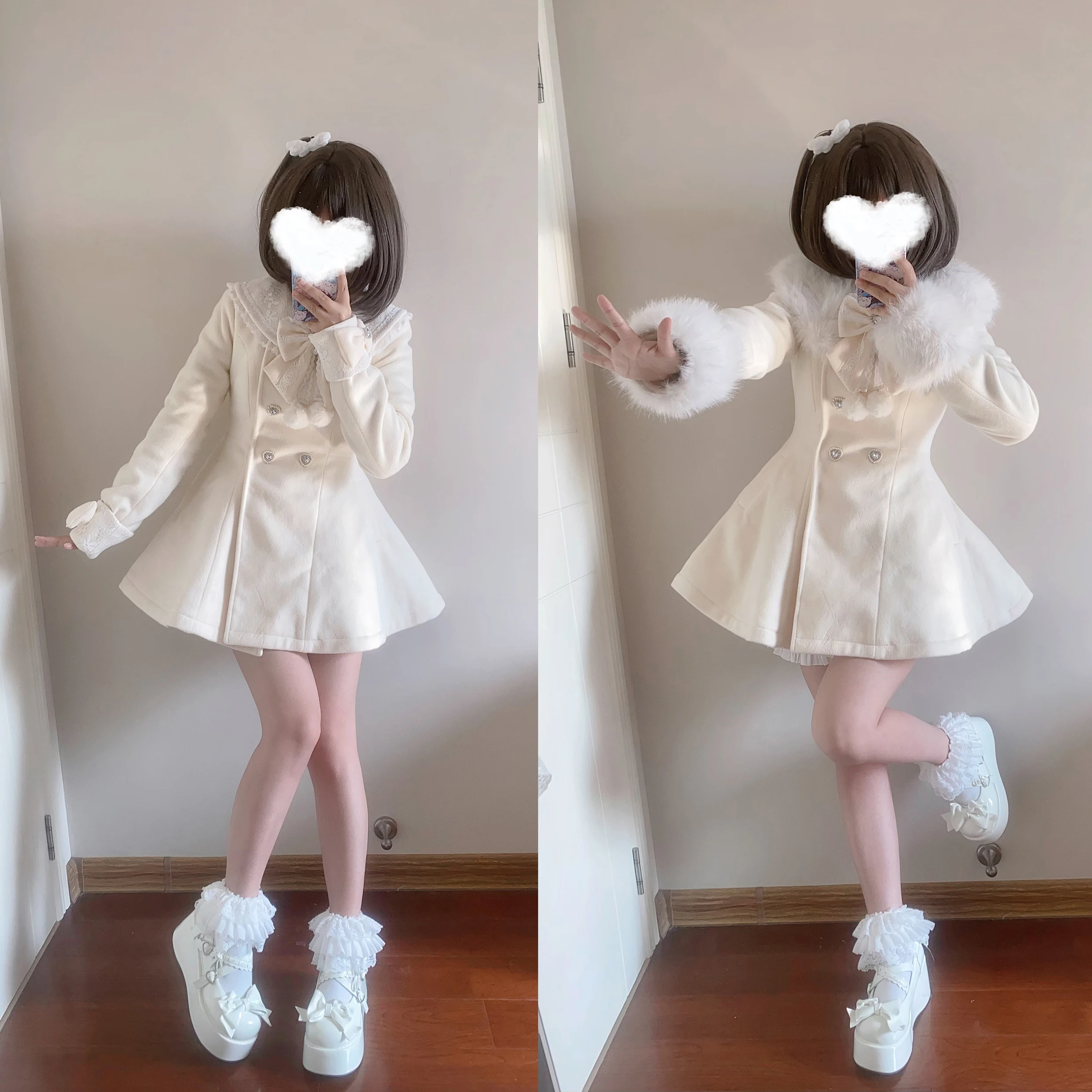 Japanese Mine Style Mass Produce Fur Collar Bow Love Buckle Double-breasted High Waist Short Woolen Coats Women Winter Jackets