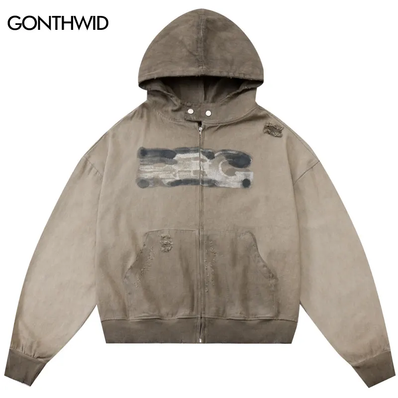 

Vintage Zipper Hoodies Coat Streetwear Hip Hop Ripped Distressed Zip Washed Hooded Sweatshirt Y2K Harajuku Fashion Cotton Hoodie