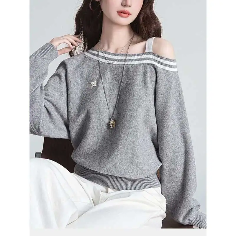 

Женская одежда, весенне-осенний модный повседневный однотонный вязаный женский универсальный свитер с открытыми плечами и разрезом на шее, пуловеры, топы