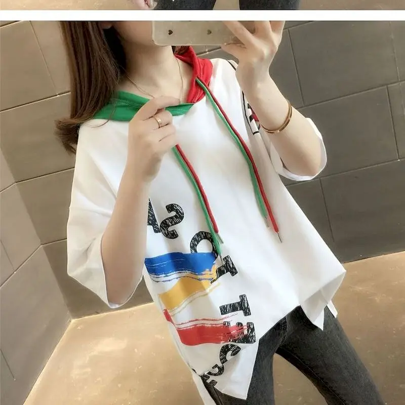 Hooded Short-sleeved T-shirt Women 2024 Spring Summer New Fashion Womens Tops Loose Color Matching Graffiti Half-sleeved T Shirt