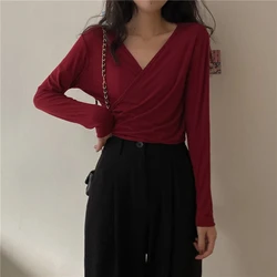 Casual Slim V-Neck Long Sleeve T-shirt Top 2021 Women's Autumn Thin Belt Design Sense Short Chic Top Sexy Simple Solid Short Tee