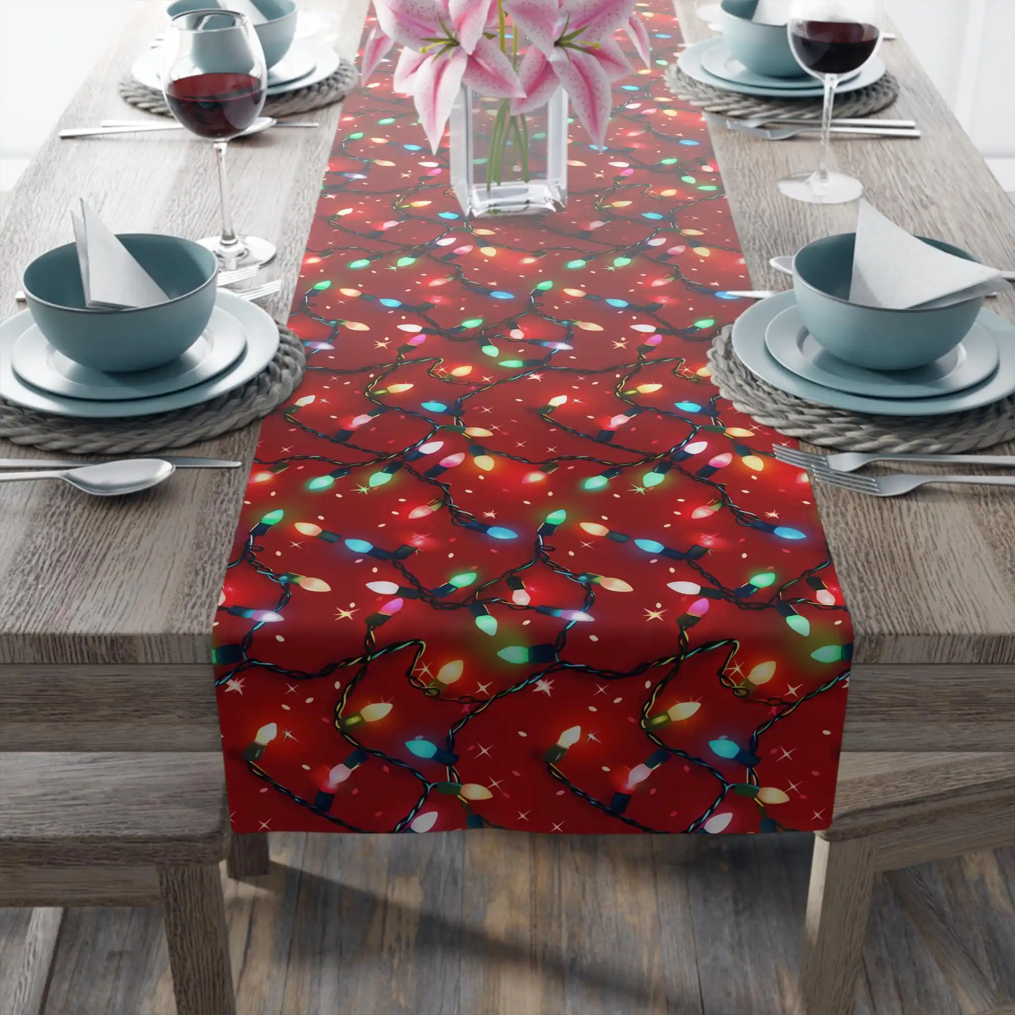 Red Christmas Table Runner, Colorful Lights Print Holiday Decor Tablecloth for Dining Table Party, Festive Xmas Home Decoration