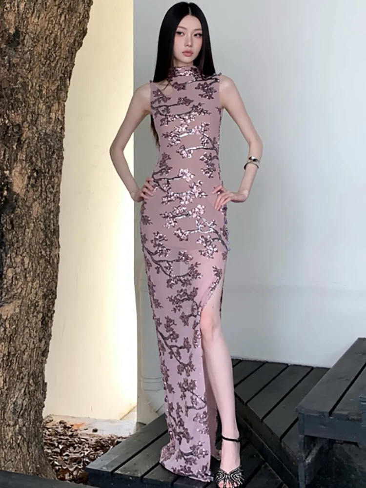 2026 Purple Mesh Sequins Hollow Out Stand Collar Dress Summer Elegant Luxury Evening Dress Women Korean Vintage Bodycon Vestidos
