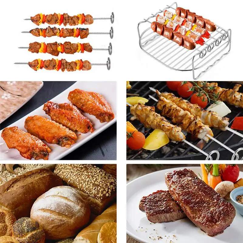 Air Fryer Rack With Skewers BBQ Gril Baking Cooker Accessories Double Layer Stainless Steel Airfryer Grill For Cooking Steaming