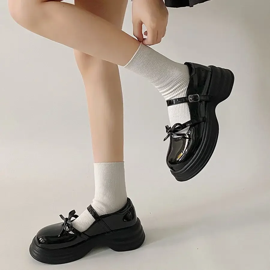 2024 New Black Chunky Platform Mary Jane Shoes for Women Autumn Patent Leather Pumps Woman Thick Bottom Bowknot Lolita Shoes