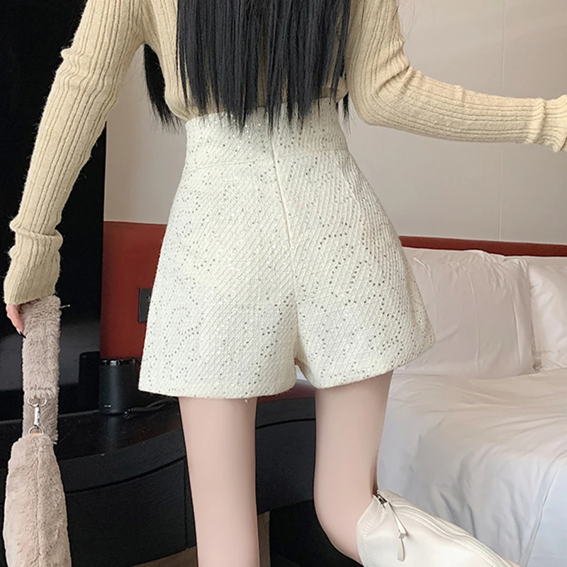 شورت تويد نسائي مزين بالترتر ، ملابس شارع ، خصر مرتفع ، لطيف ، فضفاض ، ساق واسعة ، كوري ، موضة ، شتاء ، Y2K